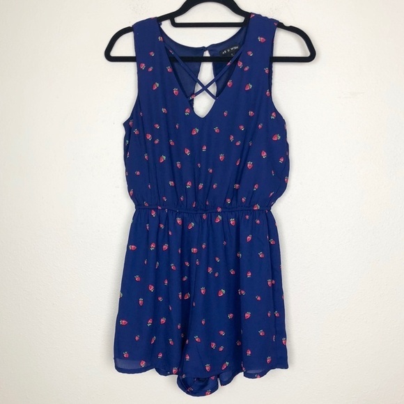Strawberry Navy Cross Front Sleeveless Romper - Picture 1 of 6